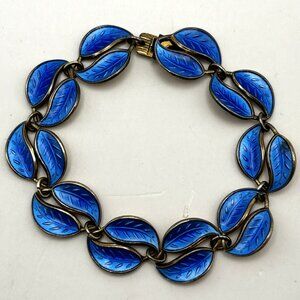 David Anderson Norway Sterling Silver Blue Guilloche Enamel Leaf Bracelet 6.5 in